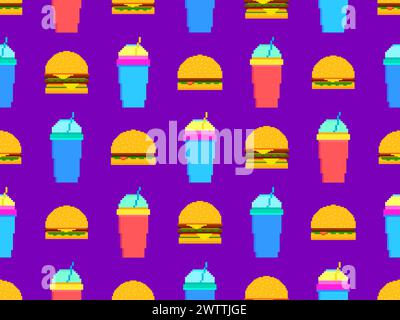 Seamless pattern with pixel hamburgers and soda. Paper cups with carbonated drinks. Cheeseburgers, hamburgers and carbonated soft drinks in pixel art Stock Vector