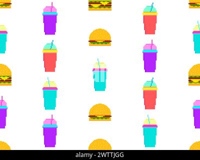 Seamless pattern with pixel hamburgers and soda. Paper cups with carbonated drinks. Cheeseburgers, hamburgers and carbonated soft drinks in pixel art Stock Vector