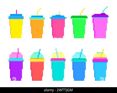 Plastic and paper cups in pixel art style isolated on a white background. Pixel icons of paper glasses with carbonated soft drinks. 8-bit smoothie gla Stock Vector