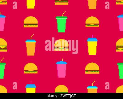 Seamless pattern with pixel hamburgers and soda. Paper cups with carbonated drinks. Cheeseburgers, hamburgers and carbonated soft drinks in pixel art Stock Vector