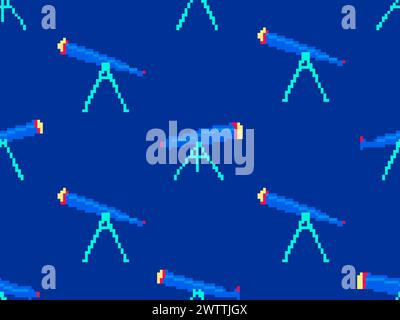 Pixel telescope seamless pattern. Telescope on a tripod in pixel art style. 8-bit astronomical telescope for observing outer space. Design for print w Stock Vector
