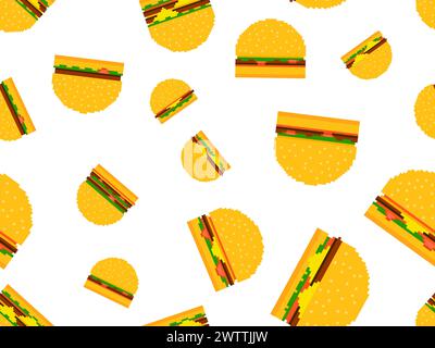 Seamless pattern with burgers in pixel art style. Pixel cheeseburgers and hamburgers with two cutlets and cheese. 8-bit fast food in retro style from Stock Vector