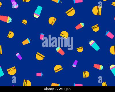 Seamless pattern with pixel hamburgers and soda. Paper cups with carbonated drinks. Cheeseburgers, hamburgers and carbonated soft drinks in pixel art Stock Vector