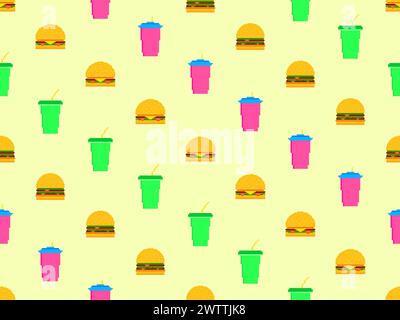 Seamless pattern with pixel hamburgers and soda. Paper cups with carbonated drinks. Cheeseburgers, hamburgers and carbonated soft drinks in pixel art Stock Vector