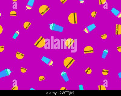 Seamless pattern with pixel hamburgers and soda. Paper cups with carbonated drinks. Cheeseburgers, hamburgers and carbonated soft drinks in pixel art Stock Vector