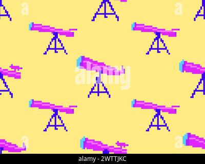Pixel telescope seamless pattern. Telescope on a tripod in pixel art style. 8-bit astronomical telescope for observing outer space. Design for print w Stock Vector