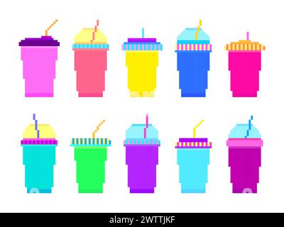 Plastic and paper cups in pixel art style isolated on a white background. Pixel icons of paper glasses with carbonated soft drinks. 8-bit smoothie gla Stock Vector