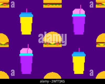 Seamless pattern with pixel hamburgers and soda. Paper cups with carbonated drinks. Cheeseburgers, hamburgers and carbonated soft drinks in pixel art Stock Vector