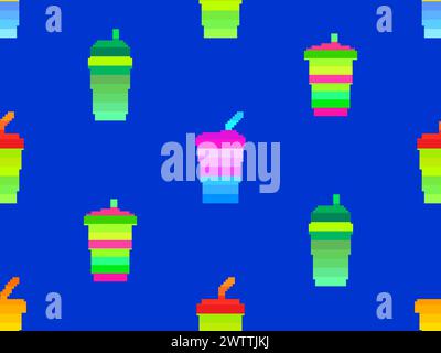 Seamless pattern with plastic or paper cups with straws in pixel art style. Pixel paper glasses for carbonated drinks. 8-bit smoothie glass with straw Stock Vector