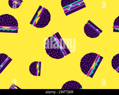 Seamless pattern with burgers in pixel art style. Pixel cheeseburgers and hamburgers with two cutlets and cheese. 8-bit fast food in retro style from Stock Vector