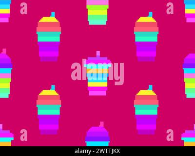 Seamless pattern with plastic or paper cups with straws in pixel art style. Pixel paper glasses for carbonated drinks. 8-bit smoothie glass with straw Stock Vector
