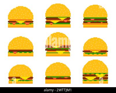 Pixel burger icon set isolated on white background. 8-bit cheeseburger with two cutlets and cheese. Collection of cheeseburger and hamburger icons in Stock Vector