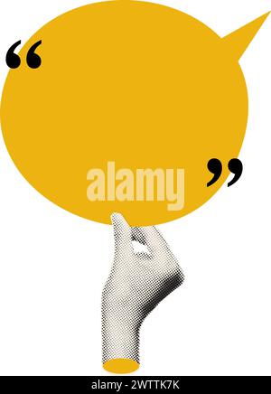 Halftone hand holding speech bubble collage vector illustration Stock Vector