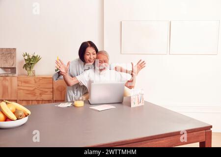Mature couple having fun with a laptop at home Stock Photo