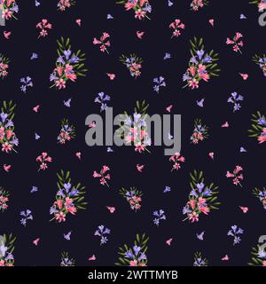 Delicate bouquet of blue, pink Hyacinths, eucalyptus branches. Spring flower, plants. Seamless floral pattern isolated on black background. Watercolor Stock Photo