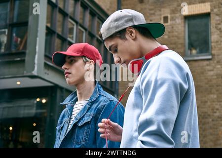 Two young men with headphones and caps standing outside. Stock Photo