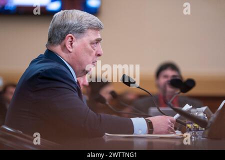 Washington, United States. 19th Mar, 2024. Former Chairman of the Joint Chiefs of Staff retired General Mark Milley delivers remarks as he testifies during the House Foreign Affairs Committee hearing on ‘An Assessment of the Biden Administrations Withdrawal from Afghanistan by Americas Generals' on Capitol Hill in Washington, DC, USA, 19 March 2024. During the 2021 US withdrawal from Afghanistan 13 Americans and 170 civilians died. Credit: Abaca Press/Alamy Live News Stock Photo