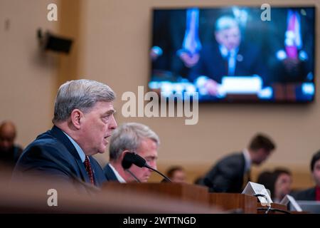 Washington, United States. 19th Mar, 2024. Former Chairman of the Joint Chiefs of Staff retired General Mark Milley delivers remarks as he testifies during the House Foreign Affairs Committee hearing on ‘An Assessment of the Biden Administrations Withdrawal from Afghanistan by Americas Generals' on Capitol Hill in Washington, DC, USA, 19 March 2024. During the 2021 US withdrawal from Afghanistan 13 Americans and 170 civilians died. Credit: Abaca Press/Alamy Live News Stock Photo