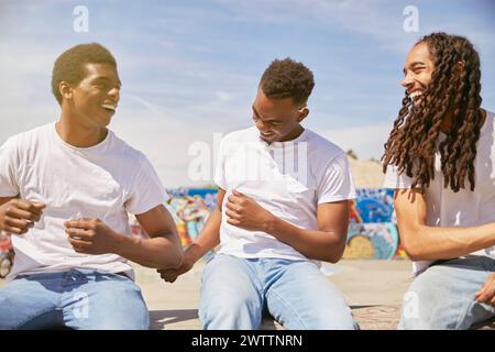 Three friends laughing and sitting together outdoors. Stock Photo