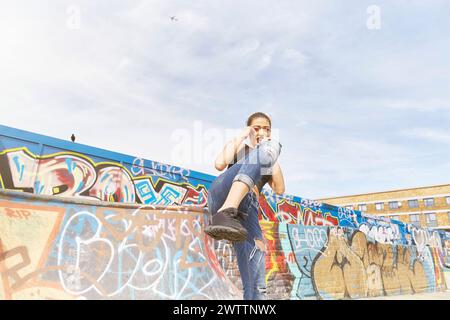 Young woman sitting on graffiti-covered wall Stock Photo