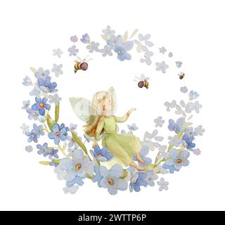 Cute Fairy Watercolor Illustration. Forget Me Not Nursery Decor. Garden Fairy Wall Art. Flower Fairy Tale Clipart Stock Photo