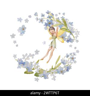 Forget Me Not Fairy Illustration. Garden Fairy Wall Art. Forget Me Not Kids Print. Flower Fairy Tale Clipart Stock Photo