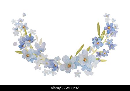 Forget Me Not Flower Branch Watercolor Clipart. Hand Drawn Blue Flower Branch Illustration, White Background Pre-made Composition Stock Photo