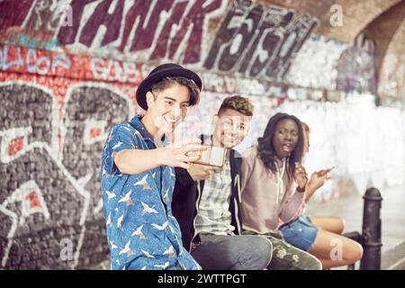 Friends taking a selfie in a graffiti-covered tunnel Stock Photo