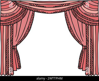 Red drapery theater doodle. Stage frame curtains Stock Vector