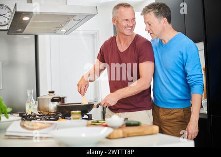 Two men cooking together in a modern kitchen Stock Photo