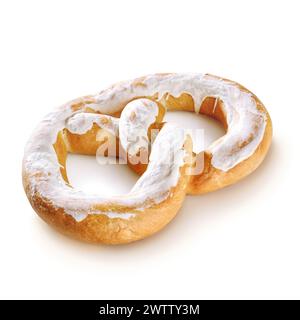 Enjoy the simplicity of a single salted pretzel, with its golden-brown crust and savory aroma, set against a clean white backdrop. Stock Photo