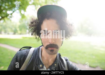 Man with curly hair wearing a cap outdoors Stock Photo