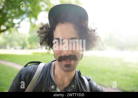 Man with curly hair wearing a cap smiling in a park Stock Photo