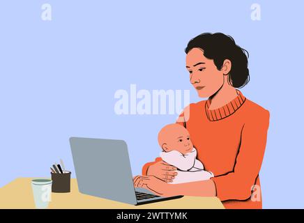 A young mother multitasking with her baby while working on her laptop. Stock Photo