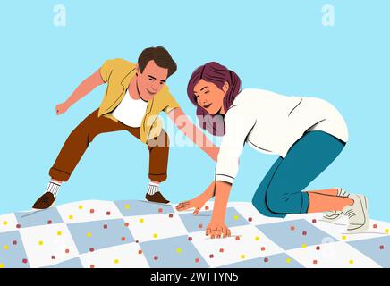 Young couple enjoying a playful game of Twister outdoors, sharing a joyful moment Stock Photo