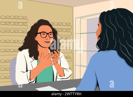 Optician consulting with a client in an eyewear store. Stock Photo