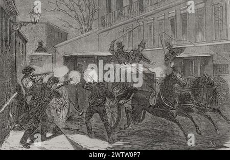 History of Spain. Madrid. Attack on General Prim (1814-1870) in calle del Turco (Turk Street) on 27 December 1870. Armed men with blunderbusses attacked his carriage as he was on the way to his residence in the Buenavista Palace. He died three days later from the wounds he had sustained. Engraving. 'Historia de la Guerra de Francia y Prusia' (History of the War between France and Prussia). Volume II. Published in Barcelona, 1871. Stock Photo