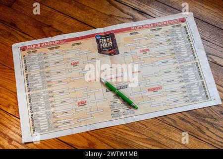 Still life of 2024, final four NCAA championship tournament bracket in the New York Post Newspaper, USA Stock Photo