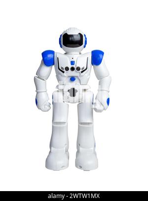 Isolated white robot with blue details and various sensors for movement and action Stock Photo