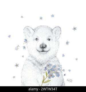 Cute Bear Kids Poster. Bear with Forget Me Not Flowers Spring Illustrations. Bear with Flowers Nursery Wall Art. Animal Pencil Sketches Stock Photo