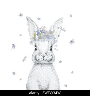 Cute Bunny with Forget Me Not Flowers Illustrations. Easter Bunny Spring Illustrations. Nursery Wall Art. Rabbit with Flowers Illustrations Stock Photo