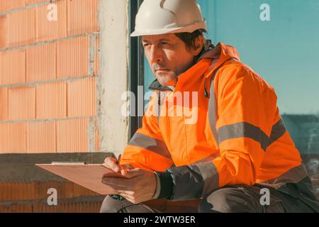 Building contractor and construction engineer making sketches and writing notes on building site, selective focus Stock Photo