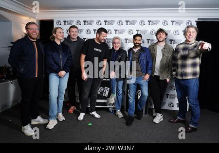 (left to right) Rob Beckett, Joanne McNally, Joe Lycett, Kevin Bridges, Roger Daltrey, Paul Chowdhry, Seann Walsh, and John Bishop backstage during A Night of Comedy, the Teenage Cancer Trust show at the Royal Albert Hall, London. Picture date: Tuesday March 19, 2024. Stock Photo