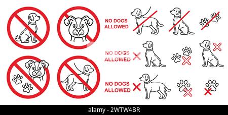 No dog animal allowed, prohibition sign, pet entry forbidden, danger for canine line icon. Not walk doggy in public zone. Warning stop symbol. Vector Stock Vector