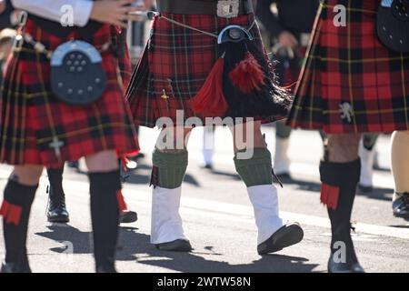 Kilts and spats are worn in honor of the Irish tradition during the St Patricks Day parade. Stock Photo