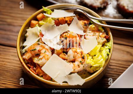 Salad with grilled shrimps and parmesan cheese flakes Stock Photo