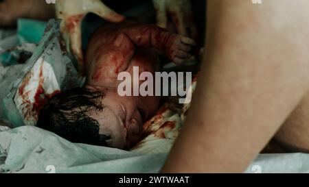 Authentic birth image - A crying newborn baby girl with dark hair covered in blood moments after birth. Umbilical cord still attached. Stock Photo