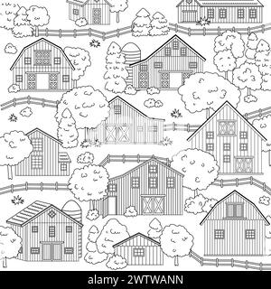 Big set of black white red wooden barns in countryside. Landscape scene with houses, trees and fence on the white background for coloring book. Vector Stock Vector