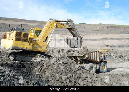 over burden loading in coal mine from excavator into truck, coal mine industry Stock Photo