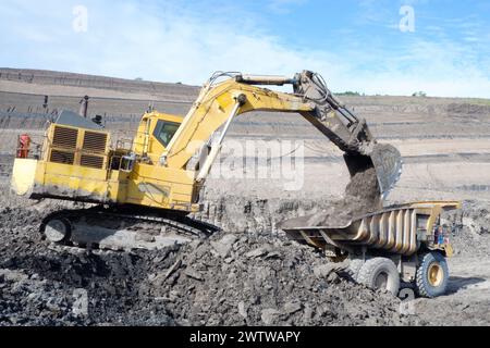 over burden loading in coal mine from excavator into truck, coal mine ...